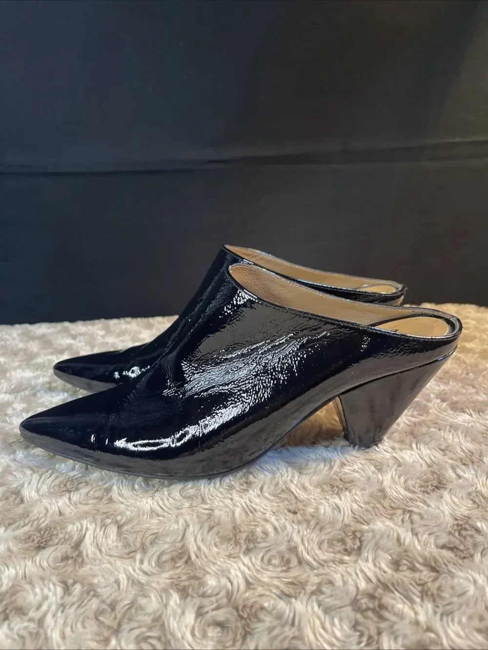 Free People Women’s Black Patent Leather Heeled Mules Size 37 Made In Spain